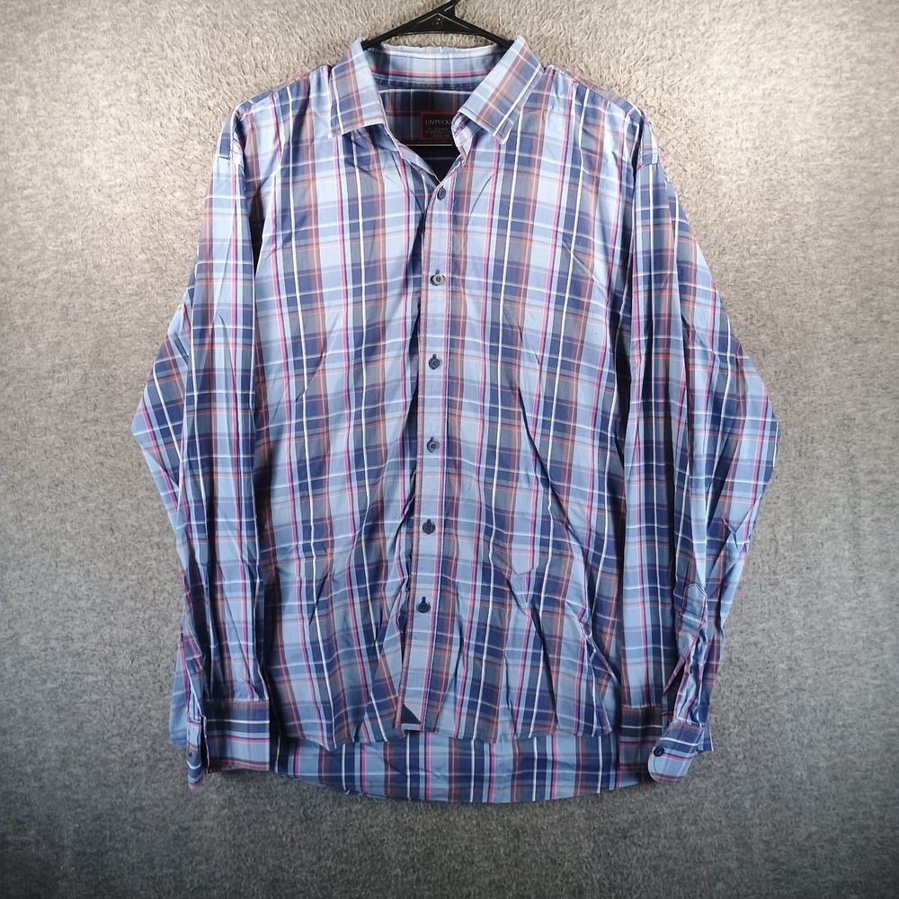 UNTUCKit Men XL Blue Pink Plaid Long Sleeve Button Down Shirt Church Picnic